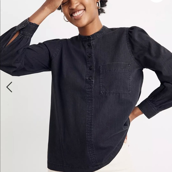 Madewell black Denim Collarless Popover puff sleeve Shirt in Shrader Wash - Picture 1 of 4